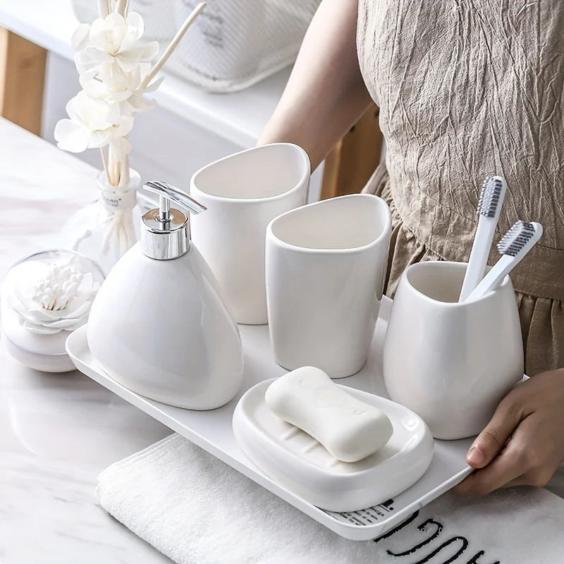 4/5 Pcs Modern Ceramic Bathroom Accessory Set with Pump Dispenser Tumbler Toothbrush Holder and Soap Dish Bathroom Supplies