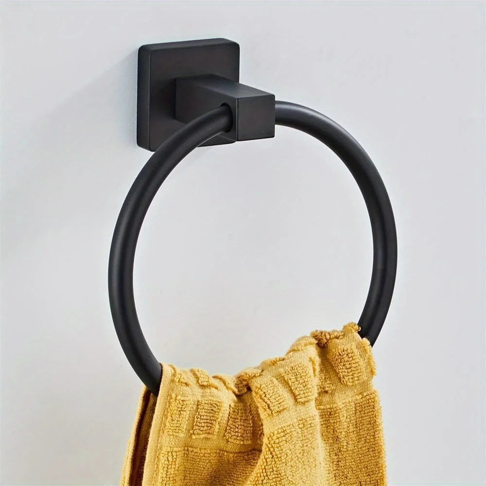 Wall Mounted Round Hand Towel Holder, Stainless Steel Matte Black Towel Ring, Bath Towel Holder Hangers for Bathroom, Kitchen