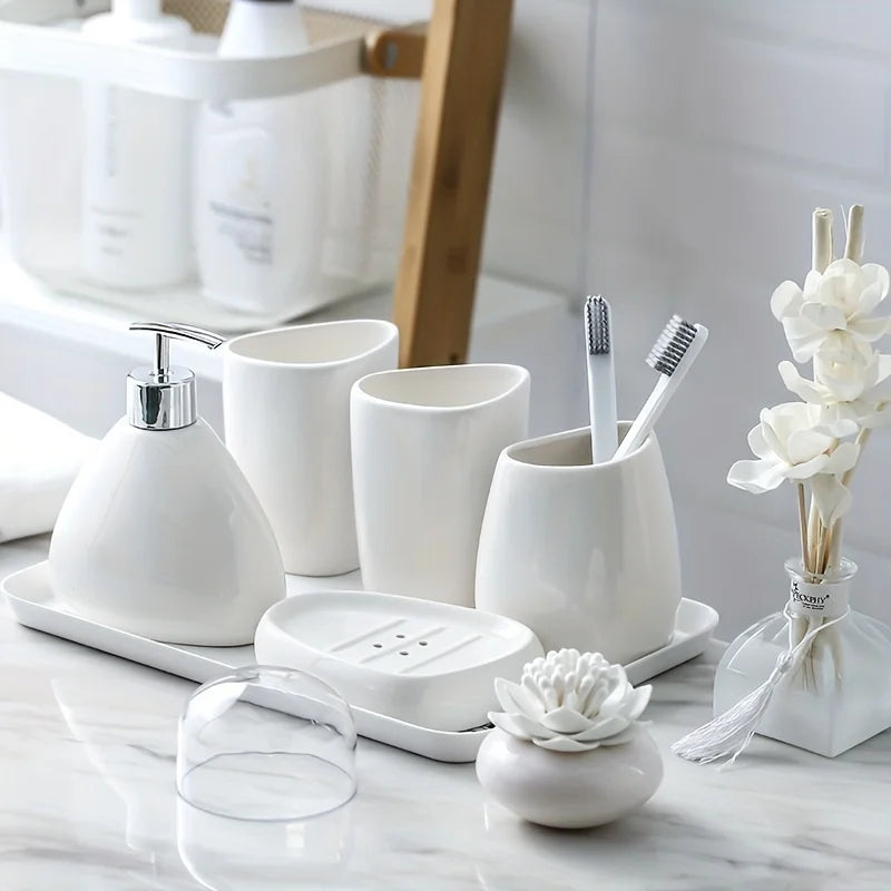 4/5 Pcs Modern Ceramic Bathroom Accessory Set with Pump Dispenser Tumbler Toothbrush Holder and Soap Dish Bathroom Supplies